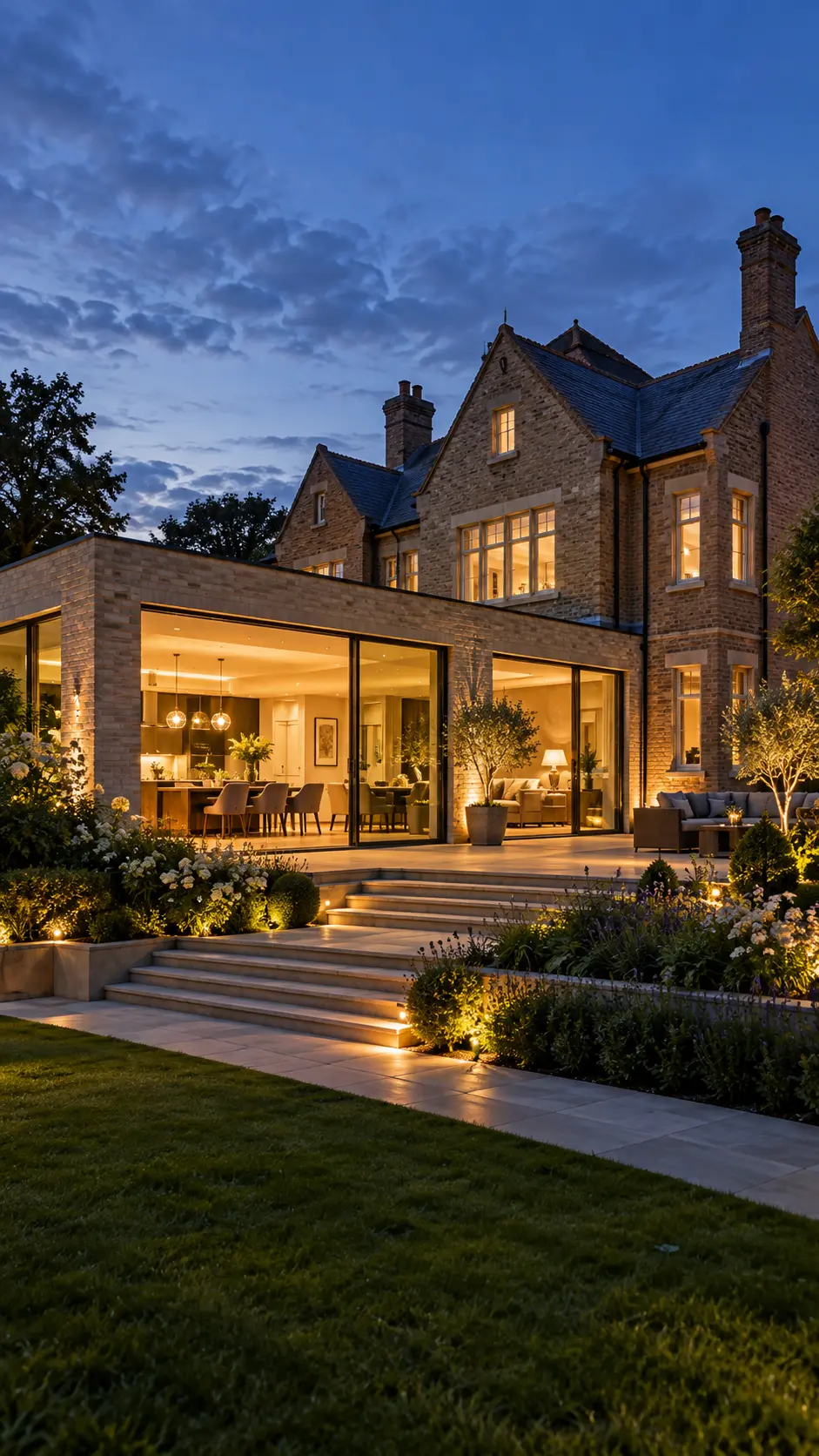 Contemporary English home at twilight (placeholder photograph)